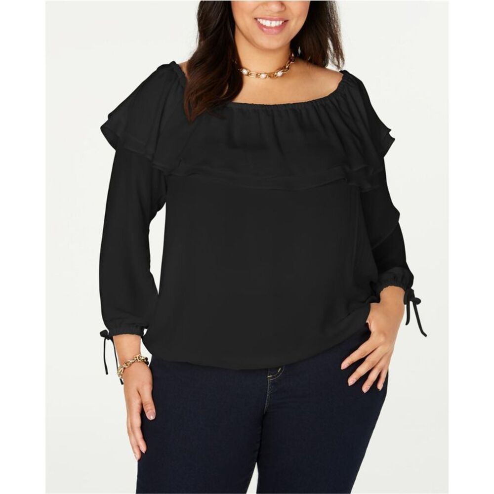 Michael Kors Womens Plus Size Solid Ruffled Off the Shoulder Blouse, NWT